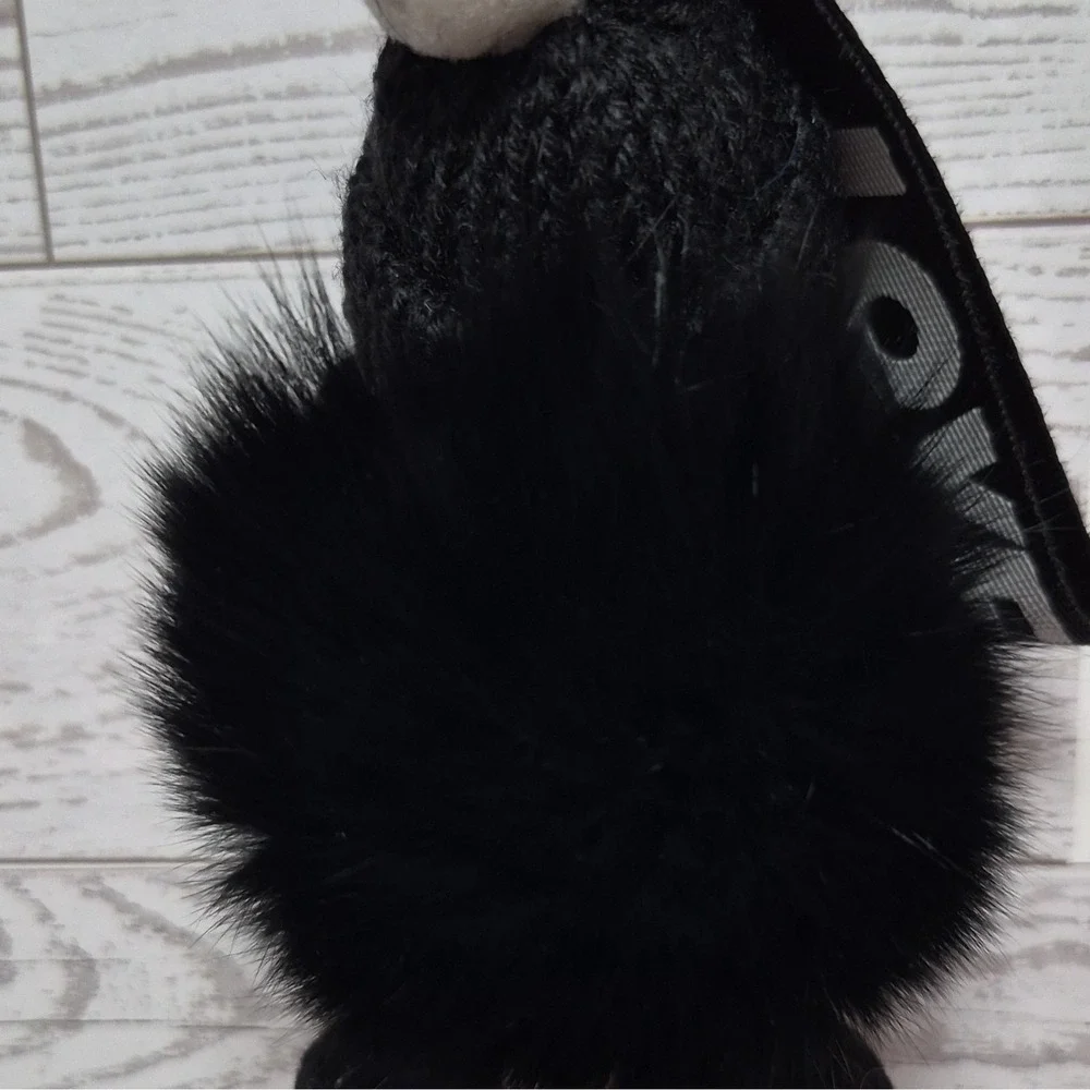 Hdsp Black Faux Fur Doll sleeping Pom Pom Key Chain Polka Dot Bow LOVE Strap